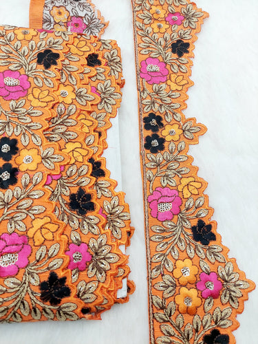 Art Silk Hand Embroidered Cutwork Lace Trim In Gold Floral Embroidery, Sari Border, Trim by Yard